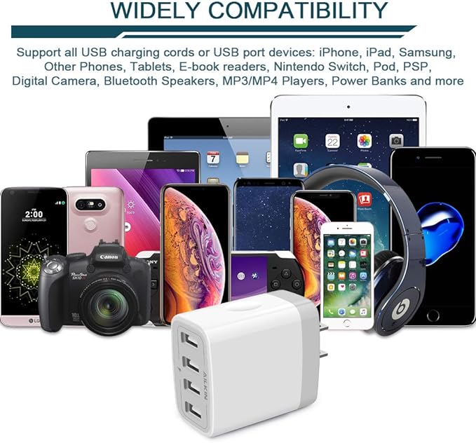 USB Charger Cube, Wall Charger Plug, AILKIN 4.8A 4-Muti Port USB Adapter Power Plug Charging Station Box Base Replacement for iPhone 15 14 13 12 16 Pro Max/X/17, iPad Samsung Phones Charging Block