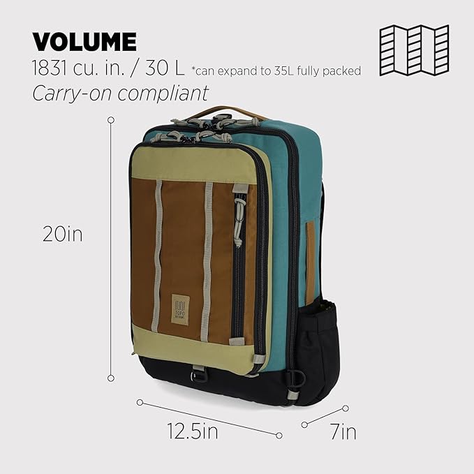 Topo Designs Global Travel Bag – 30L or 40L - Carry-On Compliant Most Airlines, Durable Travel Duffel Bag, Clam Shell Main Pocket, Laptop Sleeve, Backpack, Luggage (30L / Caribbean/Dark Khaki)