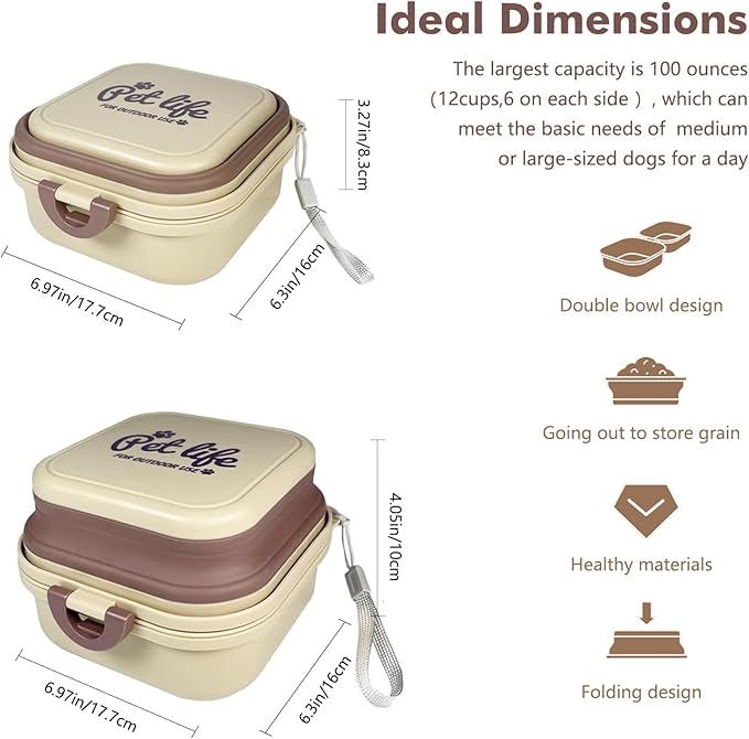 Collapsible Dog Bowls, Travel Food and Water Double Bowl for Cats & Dogs, 2-in-1 Portable BPA-Free Feeding Solution, Perfect for Traveling, Camping & Walking (L/ 100oz)
