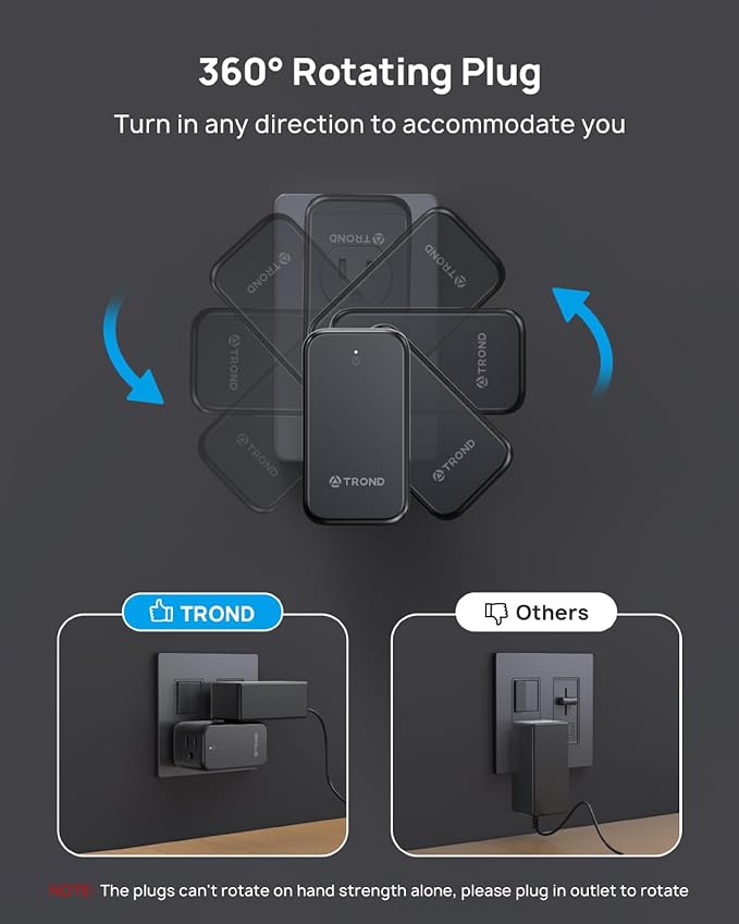 TROND Outlet Adapter with 360 Rotating Plug, 6 AC Outlet Extender, Turn One into Multiple Sideways Plug Splitter, Black Wall Power Adapter Goes Well with Dark Wall Decor, Suit for Garage Room