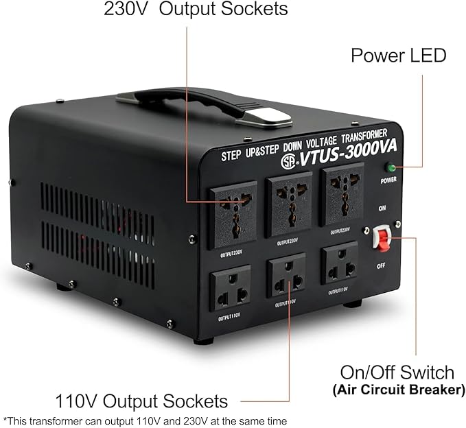 Cantonape Voltage Transformer Converter 3000 Watt Step Up/Down Convert from 110-120 Volt to 220-240 Volt and from 220-240 Volt to 110-120 Volt with 3 US Outlets, 3 Universal Outlets