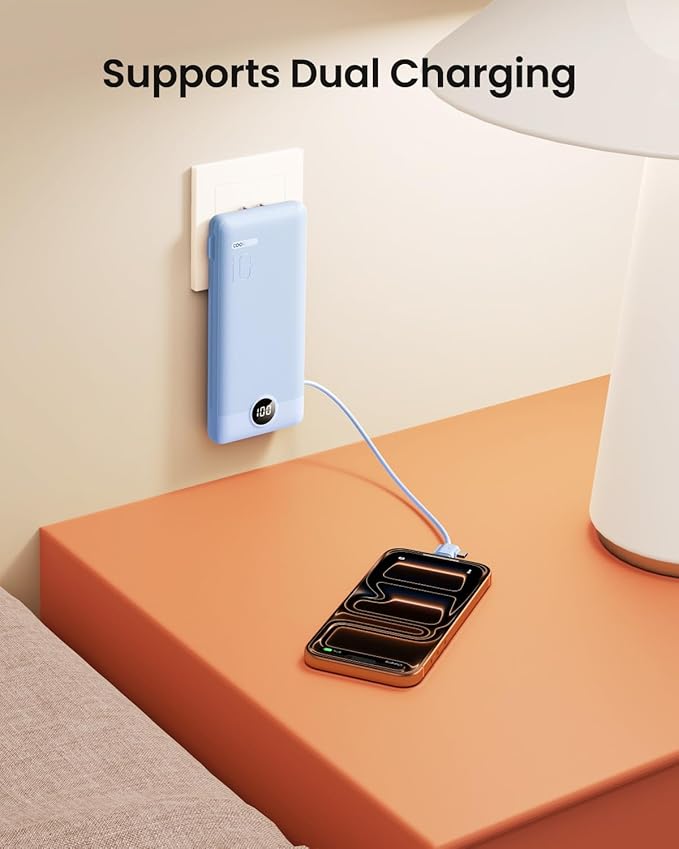 Portable Charger Built-in Cables and Wall Plug, 10000mAh Slim USB C Power Bank, LED Display External Battery Pack Compatible with iPhone/Android & More (Blue)