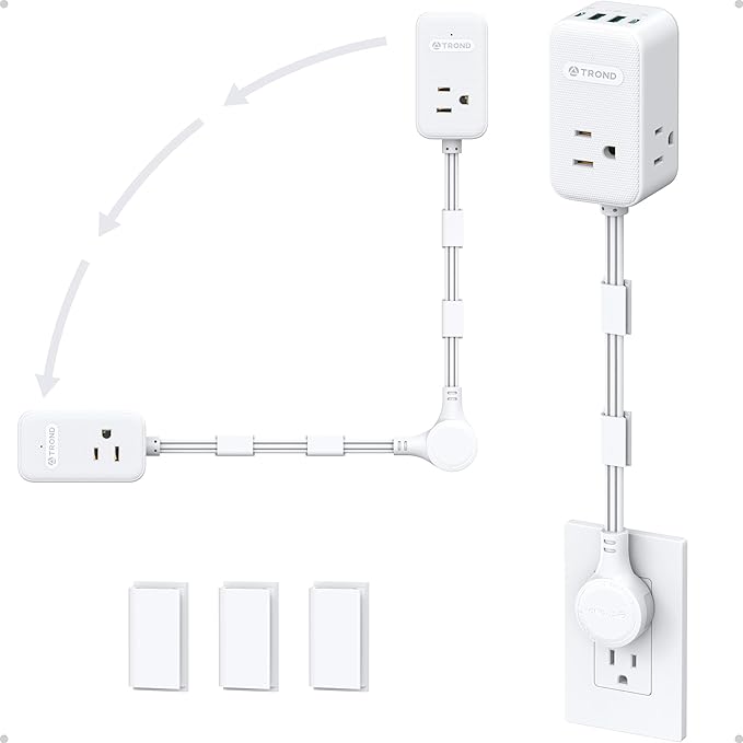 TROND Electrical Outlet Extender 360° Rotating Plug with 20W USB C, 18in Short Extension Cord, Wall Plug Adapter with 3 AC Outlets, Access Hard-to-Reach Outlets Use Behind Couches, Desk, White