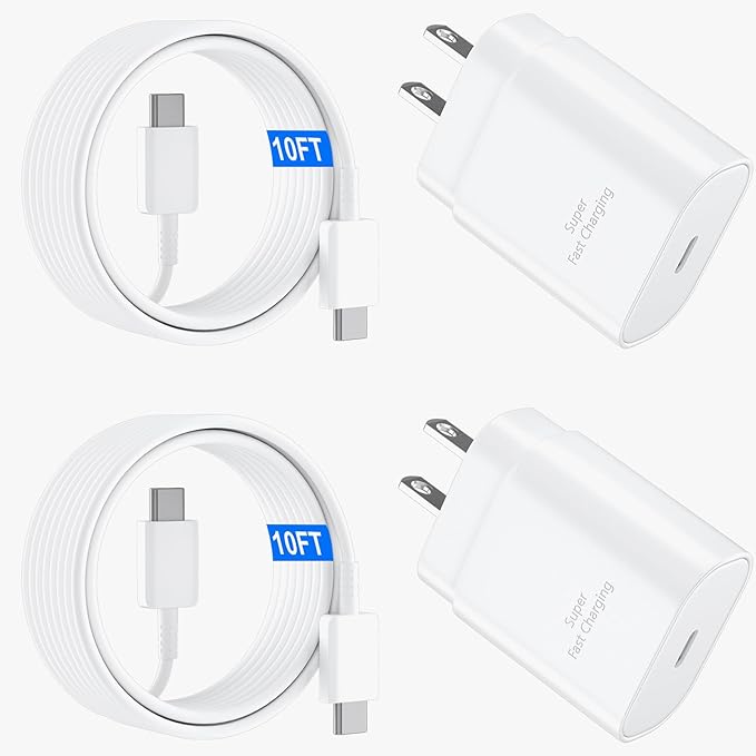 USB C Android Charger Fast Charging Cord, Super Fast Phone Chargers 10FT C to C Type Cable with 25W USBC Wall Block for Samsung Galaxy S26 S25 S24 Ultra Plus/S23/S22/S21/S20/Note 20/10, White