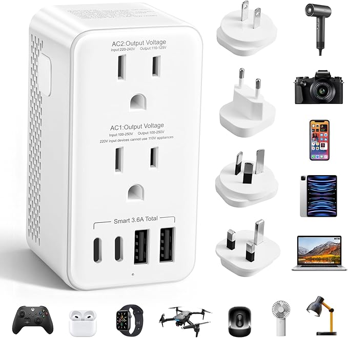 Voltage Converter US to Europe, 220V to 110V Step Down Converter for Travel, 2500W Power Converter Adapter Combo with USB-A USB-C and UK/AU/US/IT/EU Travel Plug Adapters, Hair Dryer Compatible