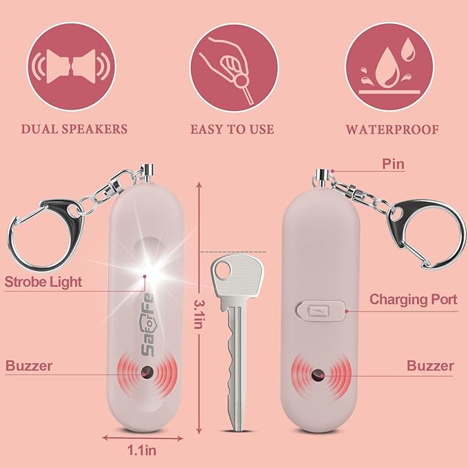 Personal Safety Alarm - Waterproof Rechargeable Security Alarm - 140dB Extra Loud Siren & Strobe Light - Self Defense Keychain - Gift for Women, Teenagers, College Girls, Seniors (Pink)