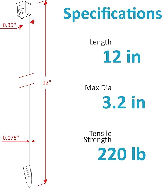 Zip Ties Heavy Duty 12 inch (500 Pack), Heavy Duty Cable Ties with 220 lb Tensile Strength for Outdoor Use, Black Wire Ties by ANOSON