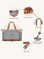 Lekesky Foldable Travel Duffle Bag for Women, Large Duffel Bag with Separate Shoes Compartments & Straps, Carry On Weekend Bag for Women, Hospital, Overnight (Blue Stripe, 30L)