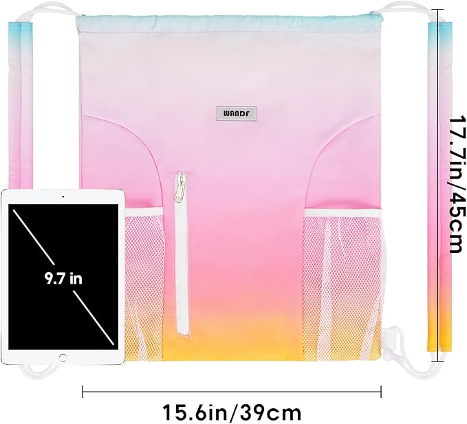 WANDF Drawstring Backpack with Shoulder Pad Sports Gym Backpack with Mesh Pocket String Bag for Women Men((Rainbow)