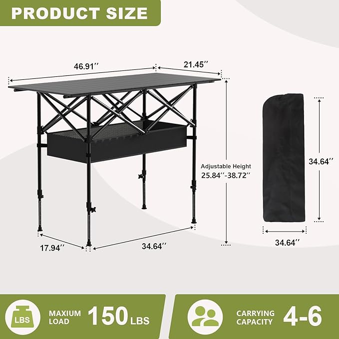 4FT Folding Camping Table,Portable Roll-up Picnic Table with Carry Bag & Mesh Storage,Lightweight Camp Table for Camping,Picnic,Backyard,Party,Patio,BBQ