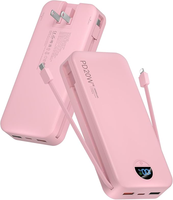 Portable Charger, 20000mAh PD20W Fast Charging Power Bank with Built-in Cables & Wall Plug, External Battery Pack with LED Display, Travel Essentials Battery Bank for iPhone, iPad, Samsung Fairy Pink