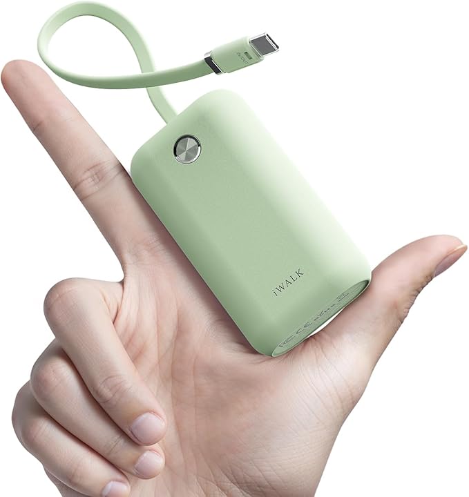 iWALK Mini Portable Charger 10,000mAh, 22.5W USB-C Fast Charging Power Bank with Built-in Cable, Travel Essential Ultra-Small Battery Pack Compatible for iPhone 17/16/16 Pro/15, Samsung, Google, Green
