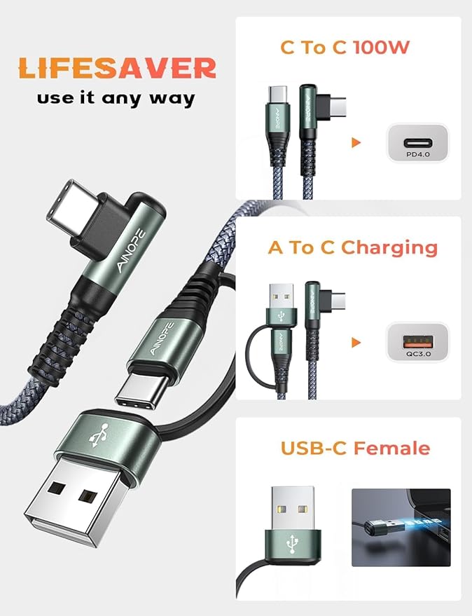 AINOPE 10 FT USB C Cable Fast Charging, 240W USB-C Charge Cable with Adapter, Fast Charger USB C Cable Supports 100W, Right Angle USB C Fit MacBook Pro/Air, iPad Pro/Air, iPhone 17/16/15, 10FT Grey