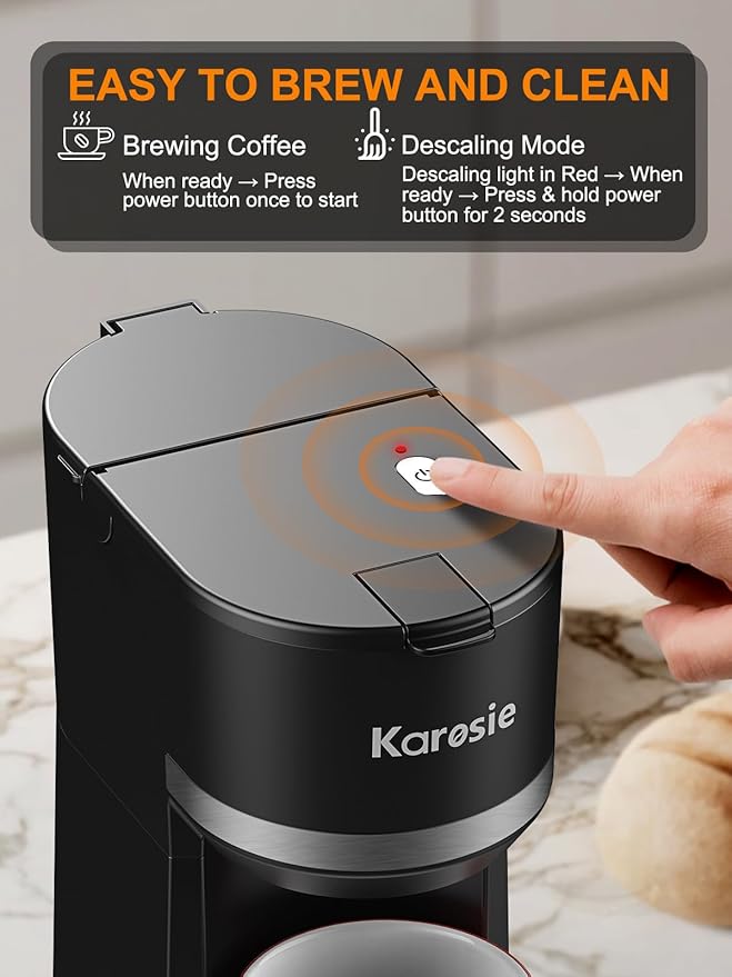 Single Serve Coffee Maker for K-Cup and Grounds, Fast Brew, 6-12 oz Brew Sizes Single Cup Coffee Maker Fits 5.5" Mugs, One-Button Small Coffee Maker, Descaling Reminder,Black,9.45 Inches