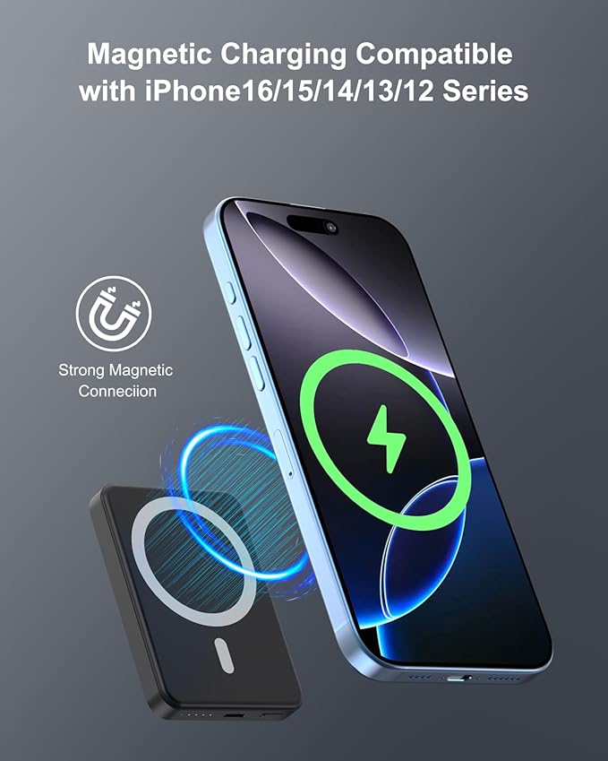 5000mAh Magnetic Portable Charger, Ultra Slim Magnetic Power Bank with USB-C Cable Compatible with iPhone 17/16/15/14/13/12 Series