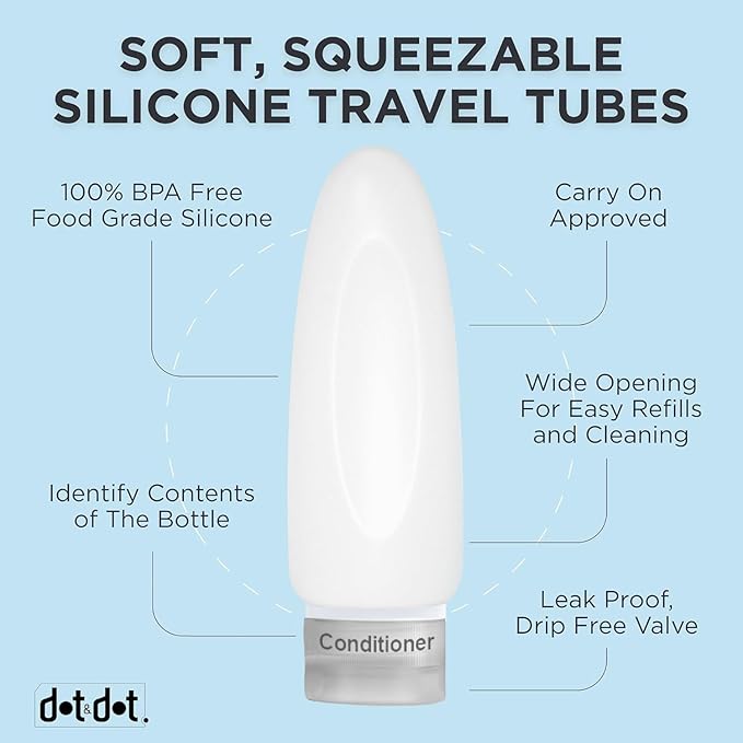 Dot&Dot Leak Proof Travel Bottles - Tubes for Liquid TSA Approved 3oz Silicone Toiletries Travel Shampoo & Conditioner Containers with Labels