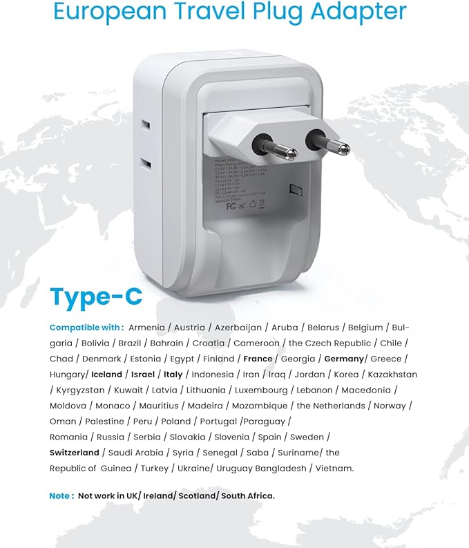 1 Pack European Travel Plug Adapter, VINTAR PD 20W Foldable Type C Adapter with 4 AC Outlets 3 USB Ports(2 USB C), Travel Essentials Charger for US to Most of Europe EU Italy Spain France