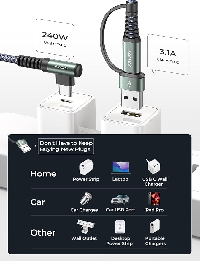 AINOPE 240W Long USB C Cable Multi 4 in 1 Charging Cable Fast Charging C Type Charger Fast Charge USB to USB C,Right Angle Fit iPhone 16 15 Pro Max iPad Samsung 3.3FT Gray
