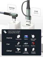 AINOPE 240W Long USB C Cable Multi 4 in 1 Charging Cable Fast Charging C Type Charger Fast Charge USB to USB C,Right Angle Fit iPhone 16 15 Pro Max iPad Samsung 3.3FT Gray