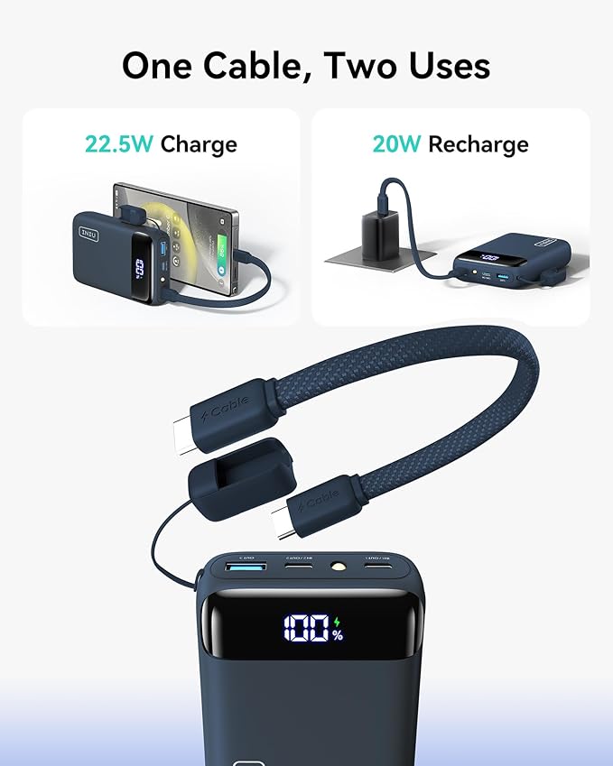 INIU Smallest 20000mAh Power Bank, 22.5W PD Fast Charging Portable Charger with Detachable Cable, Flight-Safe Battery Pack with LED Display for iPad Students Women Men Girls Boys Outdoor, Blue