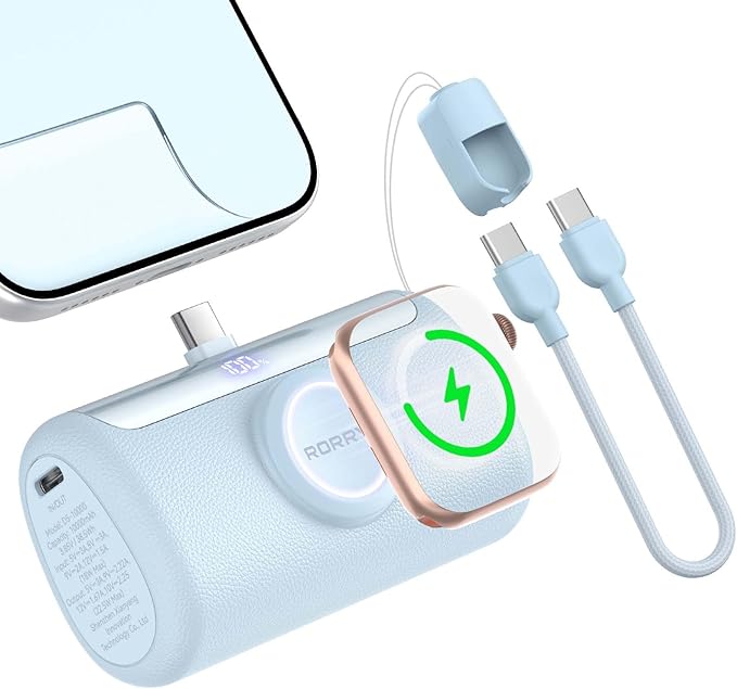 RORRY PalmGo Portable Charger, 10000mAh PD 22.5W Fast Charging Mini Power Bank with Built-in USB C Connector, 3-in-1 Battery Pack for iPhone 17/16/15 Pro/Max, Apple Watch Ultra/11/10/SE, iPad, Blue