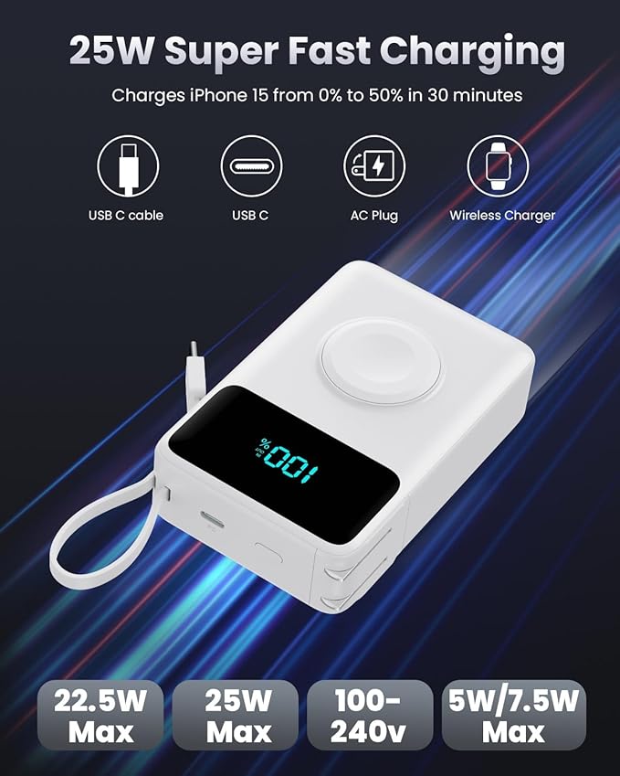 4-in-1 Portable Charger With Built-in Wall Plug&USB-C Cables,10800mAh Power Bank with iWatch Charger,QC4.0+PD 25W Fast Charging Battery Pack,Travel Essentials for iPhone 16/15,Apple Watch,Android etc