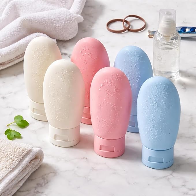 Silicone Travel Bottles Set, 60ml Leak Proof Refillable Squeezable Containers with Carry Bag, 6 Pack in Pink, Blue, White for Shampoo, Soap, Toiletries