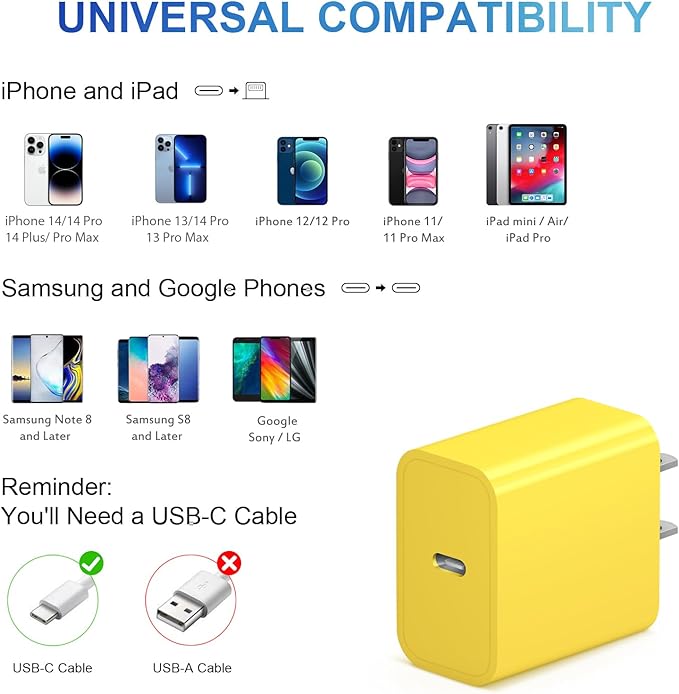 iPhone Charger Fast Charging USB C Charger Block Type C Charging iPad Chargers with 6FT C Chargers Cord Compatible with iPhone14/14 Pro Max/13/13Pro/12/12 Pro/11,iPad(Yellow)