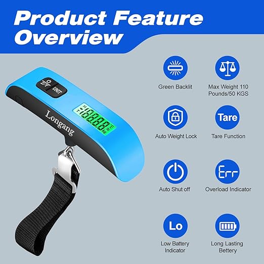 Digital Hanging Luggage Scale with Backlit for Travel, Portable Handheld Suitcase Weight Scale with Hook, 110 Pounds, Battery Included
