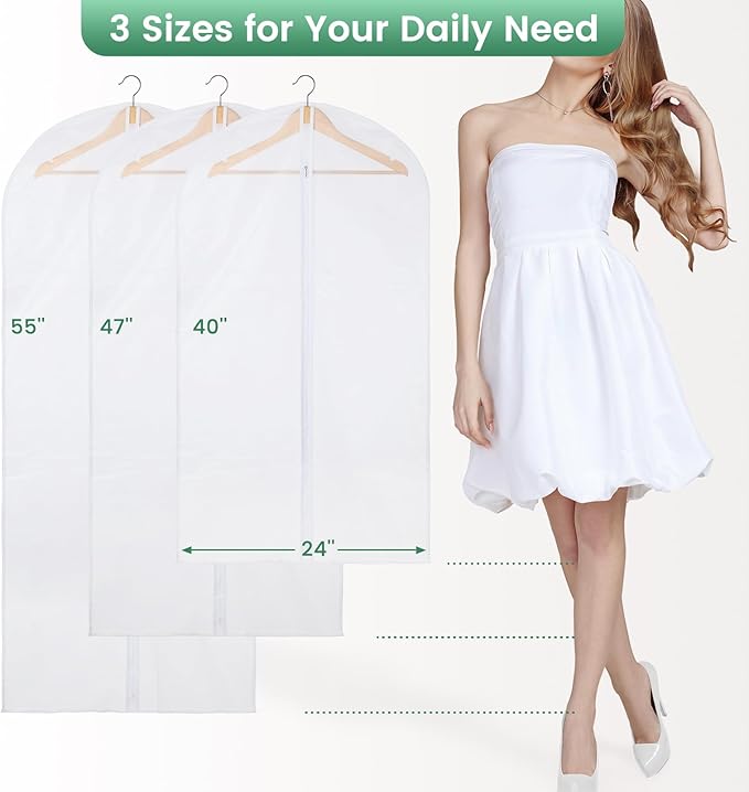 Carbrea Translucent Garment Bags for Hanging Clothes - Frosted Clothes Storage Bags for Suits, Dresses, Closet Storage - 6 Pack