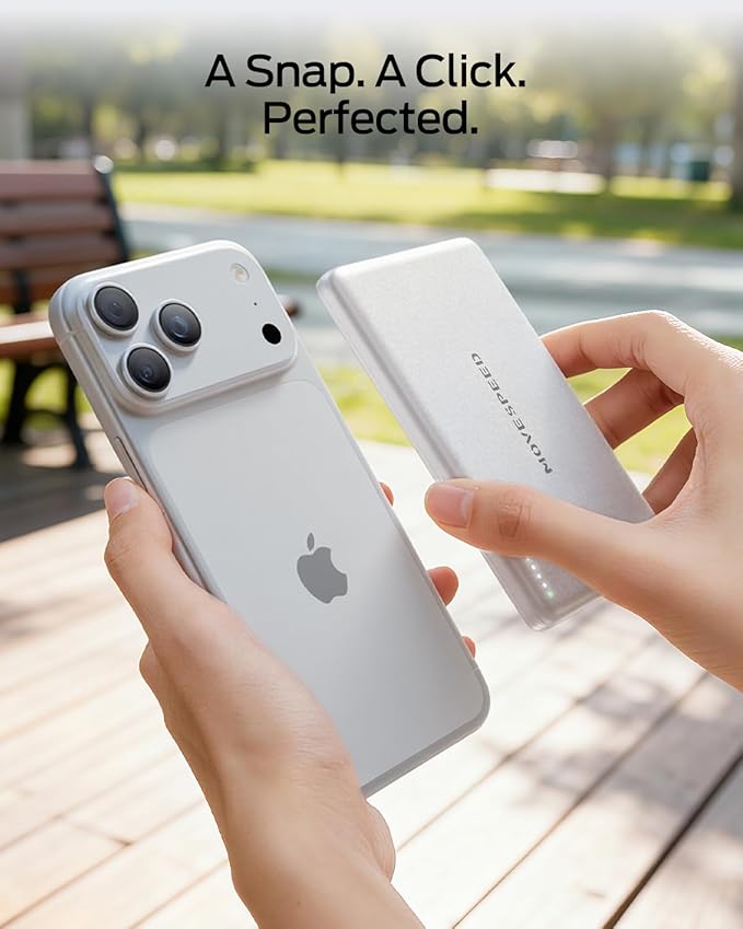 MOVE SPEED 0.3'' Ultra Slim MagSafe Portable Charger, 5000mAh Magsafe Battery Pack iPhone 17 Air Accessories, Magnetic Power Bank with USB C Port for iPhone 17 Pro Max Air/16/15/14/13/12, Pearl White