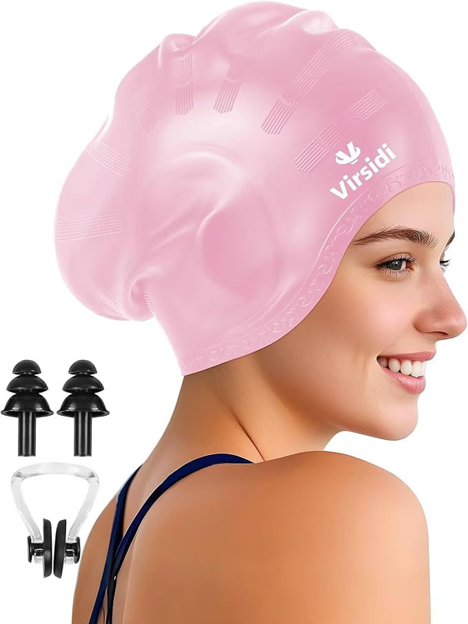 Swim Cap for Long Hair, Silicone Swimming Cap for Adult Women Men with 3D Ear Protection, Waterproof Large Swim Hats Bathing Caps to Keep Hair Dry with Ear Plugs Nose Clip