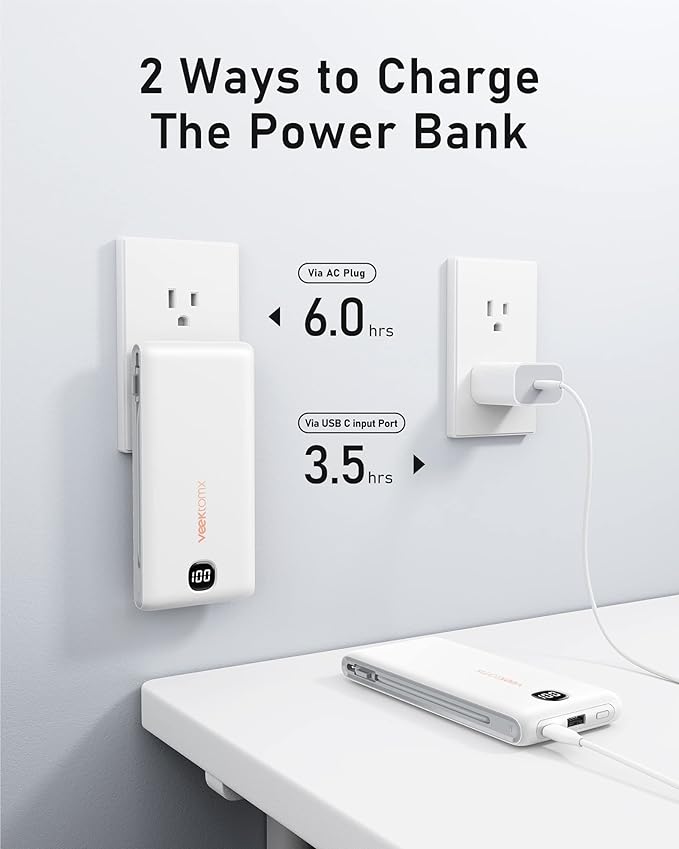 Portable Charger for iPhone Built in Cables and Wall Plug 10000mAh, Power Bank for Phone, USB C Slim Battery Pack with LED Display Compatible with iPhone 17/16/15/14, Samsung