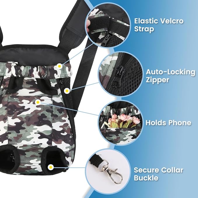 Dog Backpack Carrier, Front Pocket for Essentials, Pet Sling Front Backpack for Small Medium Dogs 10-16 Lbs, Legs Out, Adjustable Wearable Puppy Chest Travel Bag, Easy-Fit for Hiking/Walking/Camping