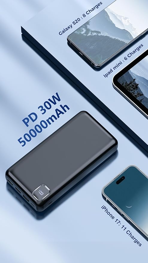 Portable Charger 50000mAh Power Bank, PD 30W Fast Charging External Battery Pack,High Capacity External Battery Pack for Camping, Portable Phone Charger for iPhone Samsung Android