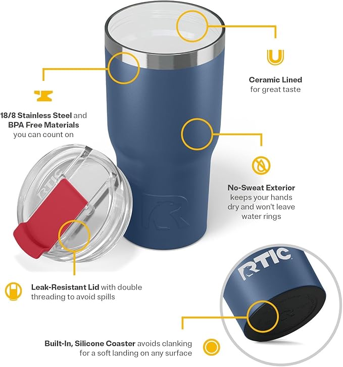 RTIC 20oz Essential Tumbler with Lid, Ceramic Lined, Insulated, Stainless Steel, Metal, Double Wall Vacuum-Insulation, Travel Cup for Iced Coffee, Tea, Hot and Cold Drink, Patriot