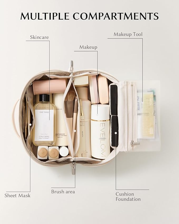 EACHY Travel Makeup Bag, Large Capacity Cosmetic Bag for Women, Waterproof PU Leather, Flat Open Portable Toiletry Bag for Skincare, Brushes & Travel Essentials