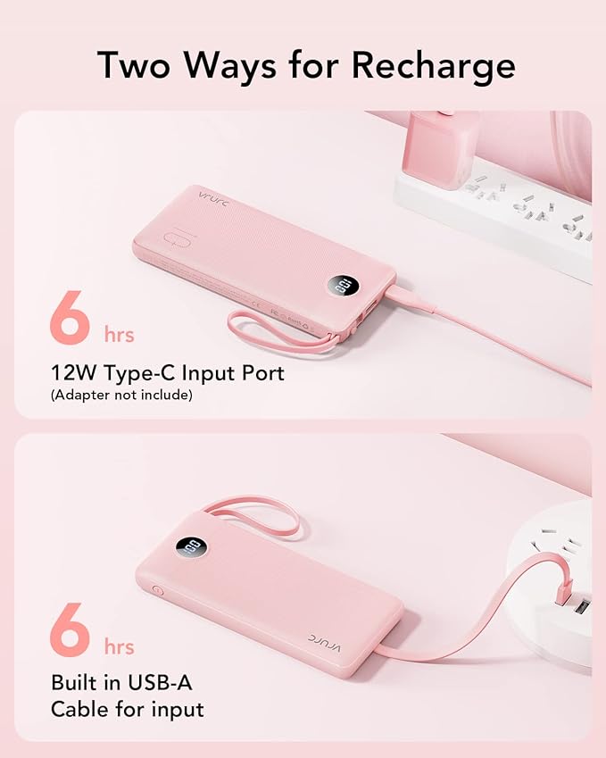 VRURC Portable Charger Power Bank, 10000mAh Travel Essentials Battery Pack, Compact USB C Charging Bank Built-in Cables Cords Compatible with iPhone 17 Pro 17 16 15 14 13,Samsung-Pink(1 Pack)