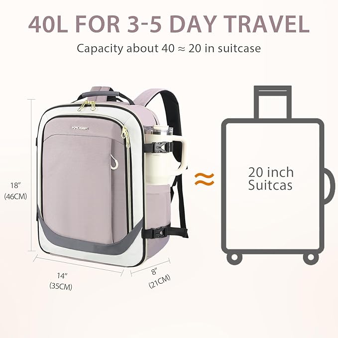KROSER Laptop Backpack Large Computer Backpack Fits up to 17 Inch Laptop Water-Repellent 40L Travel Backpack Casual Daypack for Business/College/Women/Men-Beige/Dusty Pink/Grey