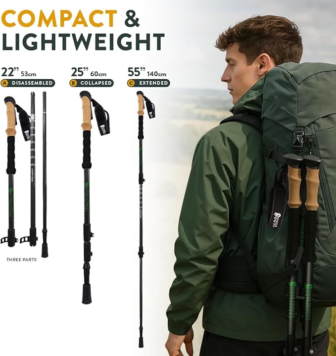 100% Carbon Fiber Trekking Poles by USA Brand - Ultra Strong Lightweight Collapsible Hiking Poles with Cork and EVA Foam Grips & Quick Adjustable Flip Locks