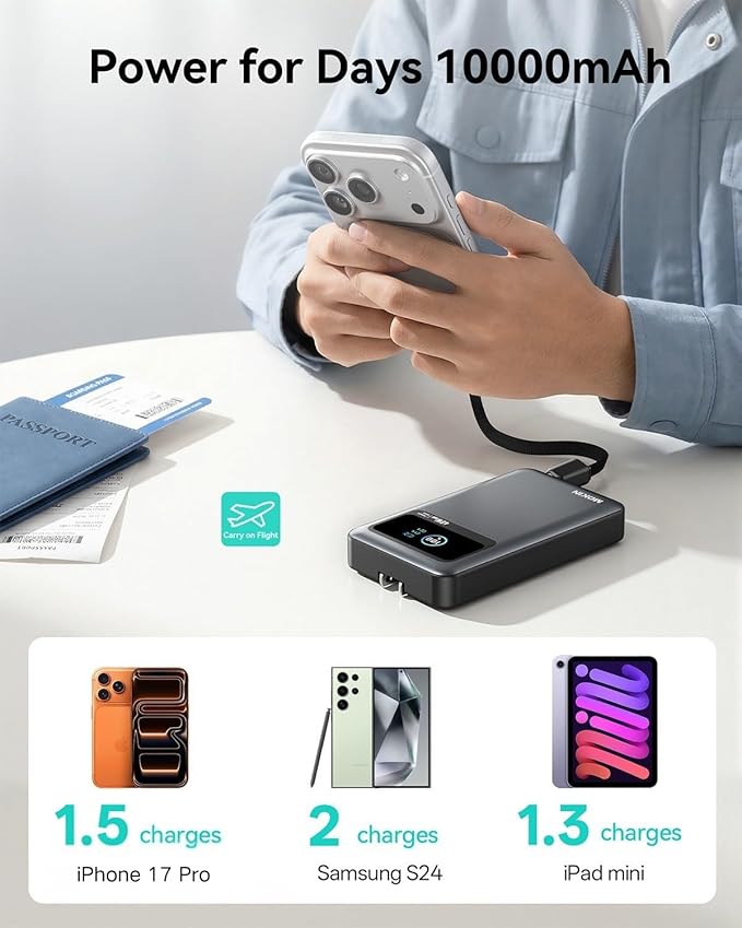 MOKiN 40W Fast Charging Portable Charger for Samsung iPhone Android, 10000mAh 3-in-1 Power Bank with Wall Plug, Built-in USB-C Cable, LCD Display, Travel Battery Pack for iPhone 17/16/15 Series