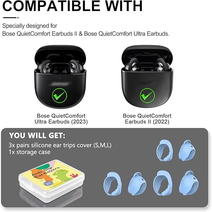 [3 Pairs] Ear Tips Cover for Bose QuietComfort Earbuds II (2022) &Bose QuietComfort Ultra Earbuds (2023), Silicone Sport Ear Hook Cover, Anti-Slip Replacement Eartip Accessories (S,M,L) (Blue)