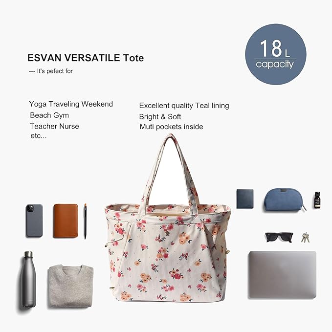 ESVAN Corduroy Yoga Tote Bag Gifts for Women Drawstring Yoga Mat Bag for Office Workout Travel Carryall Pilates Gym