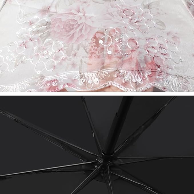 Floral Lace Folding Compact Umbrella - UV Protection Sun Flower Fancy for Women Girls, Portable Travel for Walking, Tea Party, Photo Shooting