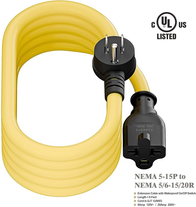Right Angle Four-in-One 12AWG Heavy Duty 15 Amp Household AC Plug to 20 Amp T Blade Adapter Cable,5-15P to 5-20R/6-15R/6-20R, 4 in 1,15A 125V to 20A 250V Adapter Cable 6FT