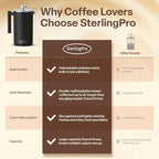 SterlingPro Stainless Steel French Press Coffee Maker 1 L (34 oz) Black – Double Walled Insulated Large Coffee Press, Durable Design Keeps Drinks Hot, Easy to Use and Clean for Rich Flavor Brewing