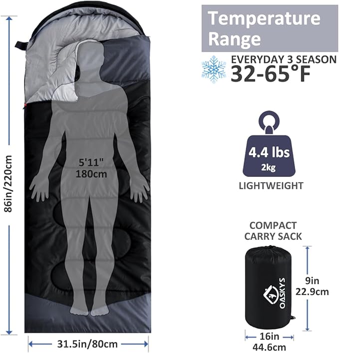 oaskys Camping Sleeping Bag - 3 Season Warm & Cool Weather - Summer Spring Fall Lightweight Waterproof for Adults Kids - Camping Gear Equipment, Traveling, and Outdoors