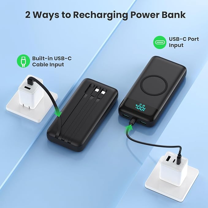 Wireless Portable Charger 40800mAh with 3 Built-in Cables,7-in-1 15W Wireless Charging Power Bank,25W PD QC 4.0 Fast Charging USB C Travel Essentials Battery Pack for iPhone 17/16/15/14,Galaxy,Android