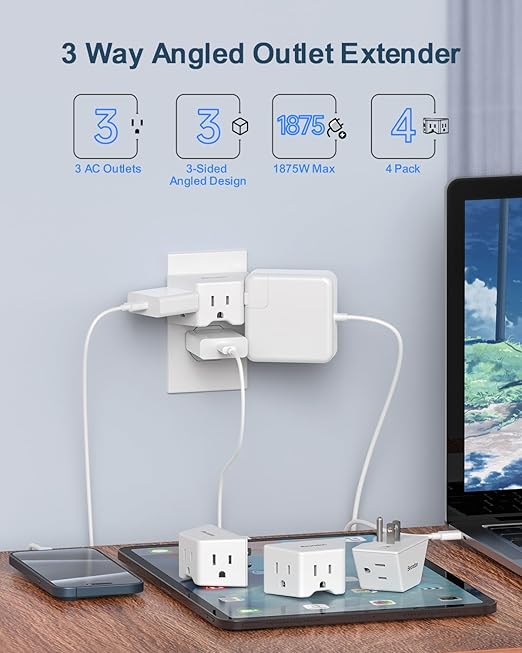 BEONDON 4-Pack Wall Outlet Extender, Small Multi Plug Wall Outlet, 3 Way Angled Outlet Splitter, Cruise Ship Essentials, 3 Prong Grounded Outlet Expander for House, Hotel, Dorm, Hostel