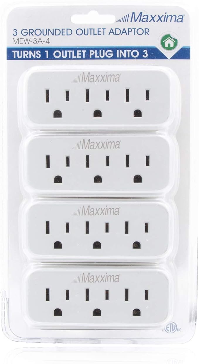 Maxxima 3 Grounded Multi Outlet Adapter Wall Plug - Outlet Extender Wall Tap, Turns 1 Outlet into 3, Indoor 3 Way Plug Splitter - White - 4 Pack